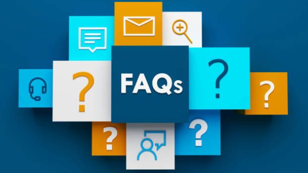 FAQ2 3D render of top view of FAQs business concept with symbols on colorful cubes on dark blue background